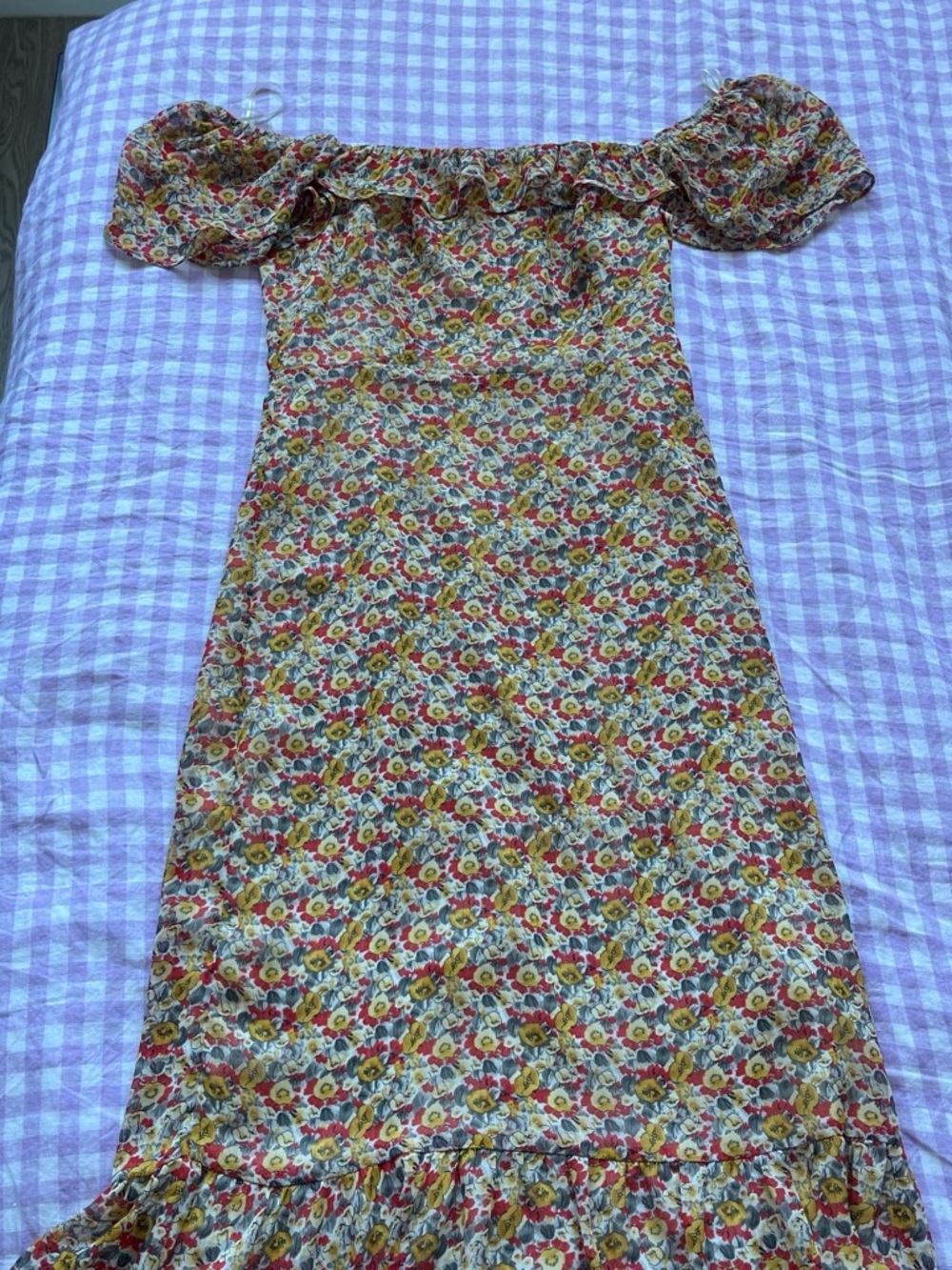 Lush Floral Off-Shoulder Maxi Dress in Red, Yellow, Green